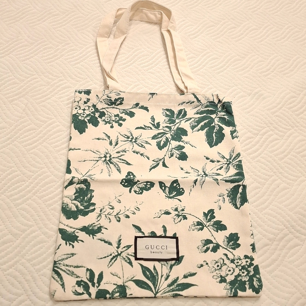 Gucci Beauty Floral Canvas Tote Bag - Green and Cream